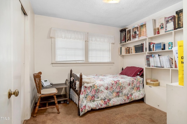 bedroom with carpet flooring, a closet, and a textured ceiling