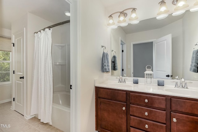 bathroom featuring vanity, tile patterned flooring, and shower / bath combo