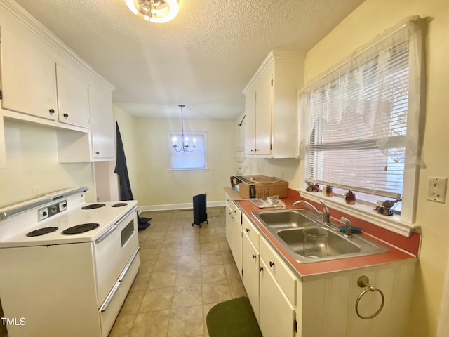 kitchen featuring sink, electric stove, a notable chandelier, white cabinets, and hanging light fixtures