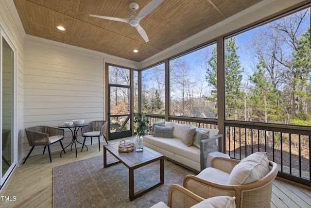 sunroom with ceiling fan and wooden ceiling