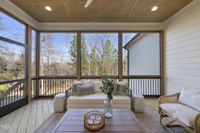 sunroom featuring wooden ceiling