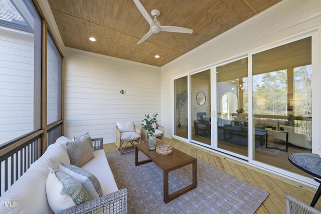 sunroom featuring ceiling fan and wooden ceiling