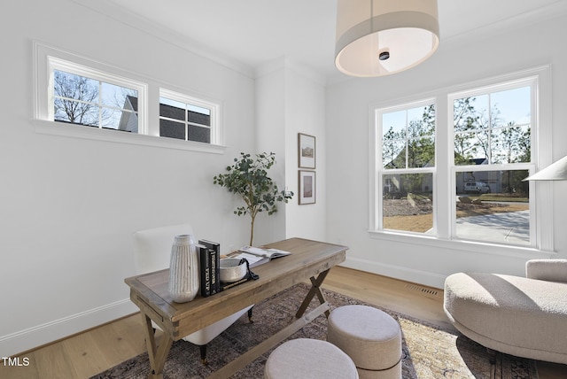 office space with hardwood / wood-style floors, plenty of natural light, and ornamental molding