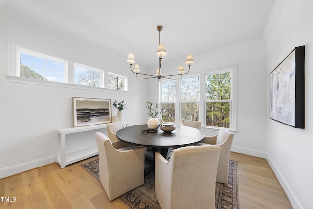 dining area featuring a notable chandelier, a healthy amount of sunlight, and light hardwood / wood-style floors