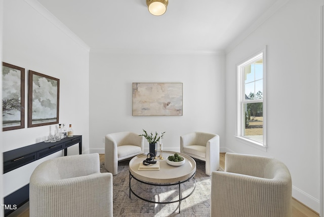 living room featuring crown molding and light hardwood / wood-style floors