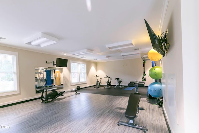 exercise room with hardwood / wood-style flooring