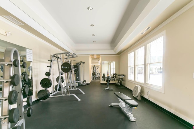 workout area featuring a tray ceiling and crown molding