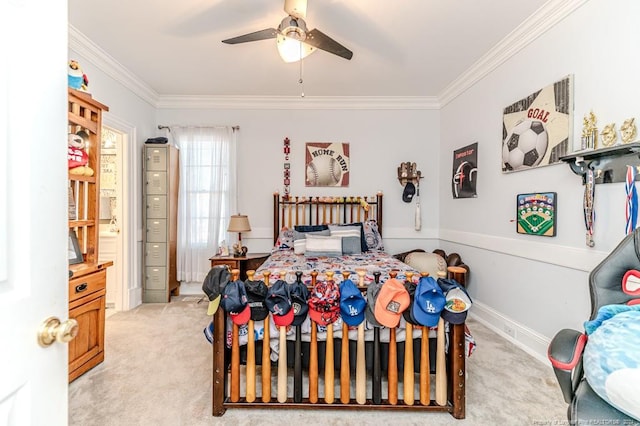 bedroom with ceiling fan, light colored carpet, and ornamental molding