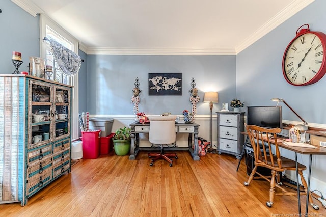 office featuring ornamental molding and wood finished floors