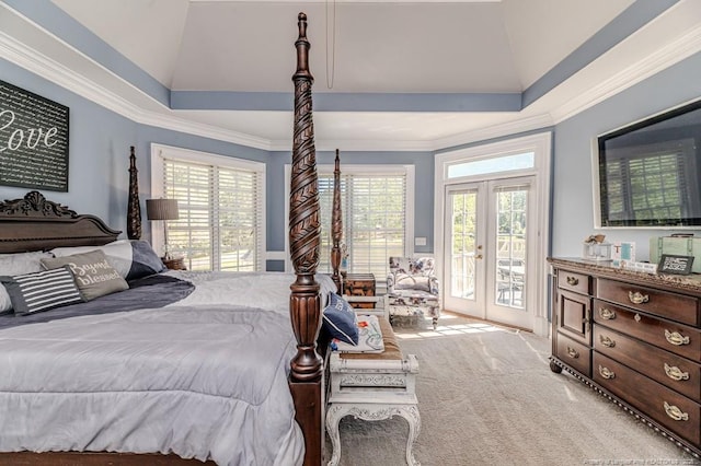 bedroom with french doors, ornamental molding, access to exterior, and multiple windows