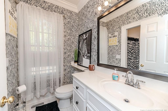 bathroom with vanity, ornamental molding, curtained shower, wallpapered walls, and toilet