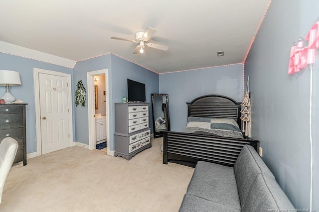 bedroom with baseboards, light carpet, a ceiling fan, connected bathroom, and visible vents