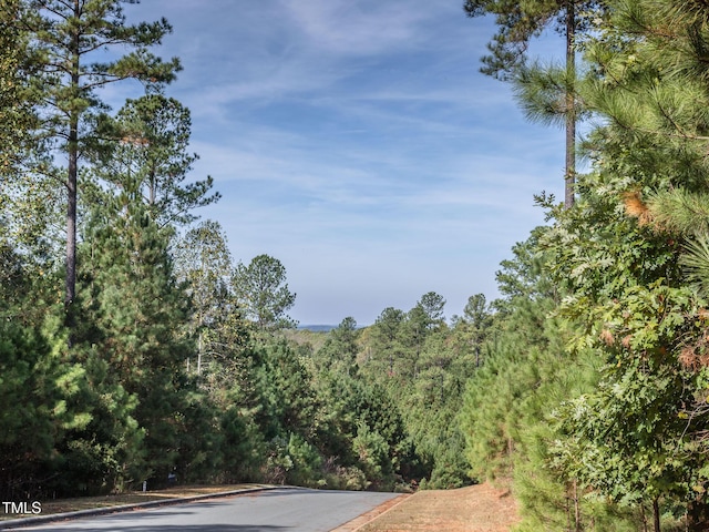 view of street with curbs and a forest view