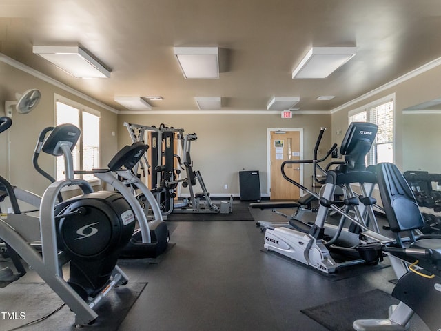 workout area featuring ornamental molding and baseboards