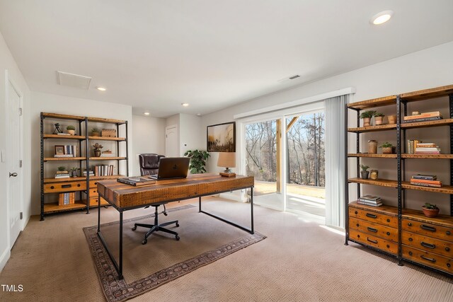 home office featuring light carpet