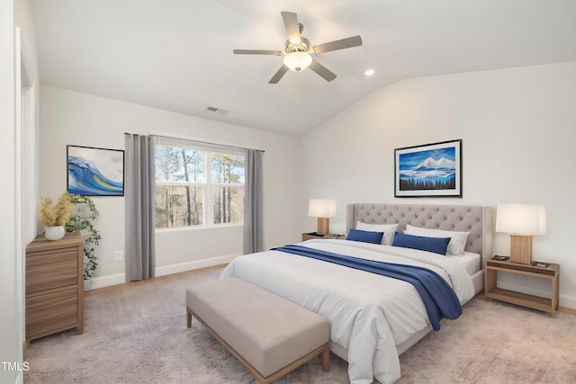 bedroom with ceiling fan, light carpet, and lofted ceiling