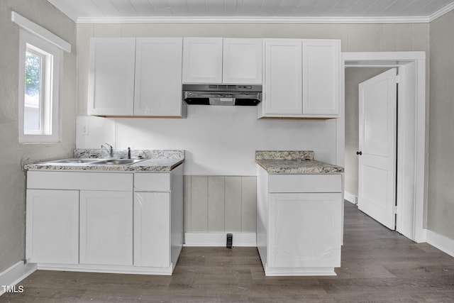 kitchen with white cabinets, dark hardwood / wood-style flooring, ornamental molding, and sink