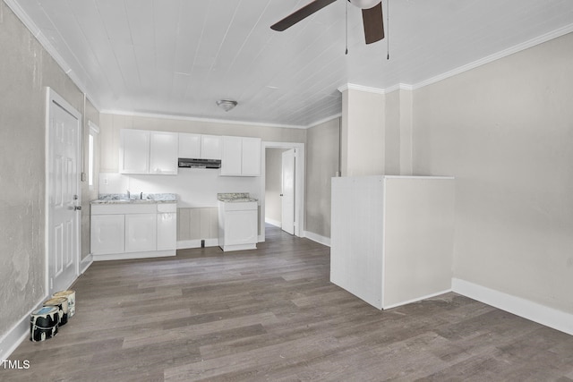 kitchen with white cabinetry, ceiling fan, light hardwood / wood-style floors, and ornamental molding