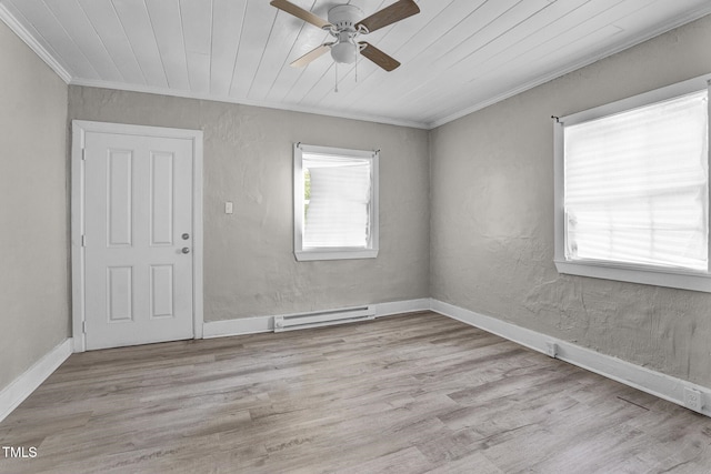 spare room featuring a healthy amount of sunlight, light hardwood / wood-style flooring, ceiling fan, and wooden ceiling