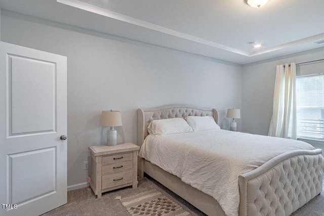 carpeted bedroom with crown molding