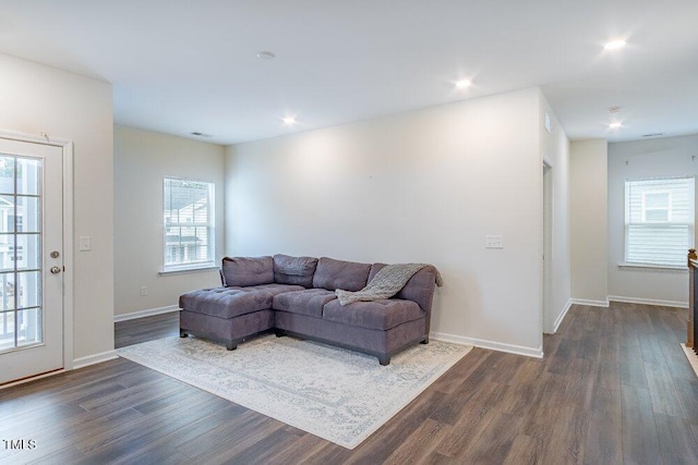 living room featuring a healthy amount of sunlight and dark hardwood / wood-style flooring