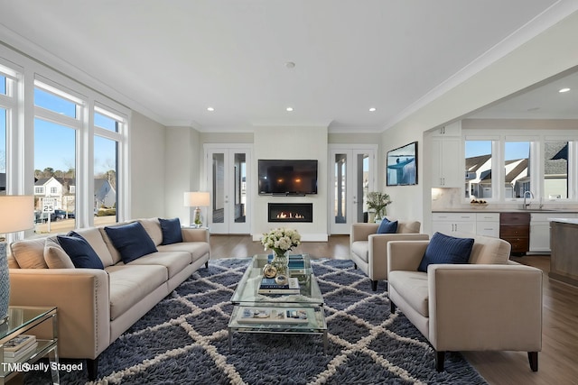 living room featuring hardwood / wood-style floors, a wealth of natural light, crown molding, and sink