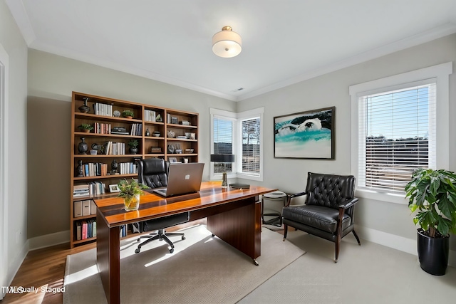 office featuring hardwood / wood-style floors and ornamental molding