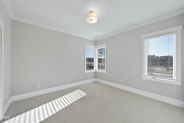 empty room with crown molding and light colored carpet