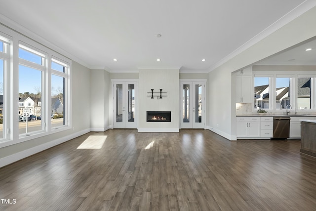 unfurnished living room featuring a fireplace, dark hardwood / wood-style flooring, ornamental molding, and sink