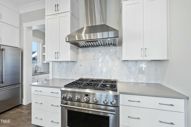 kitchen with white cabinetry, sink, wall chimney exhaust hood, stainless steel appliances, and decorative backsplash