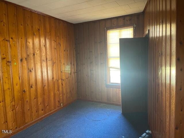 carpeted empty room featuring wood walls