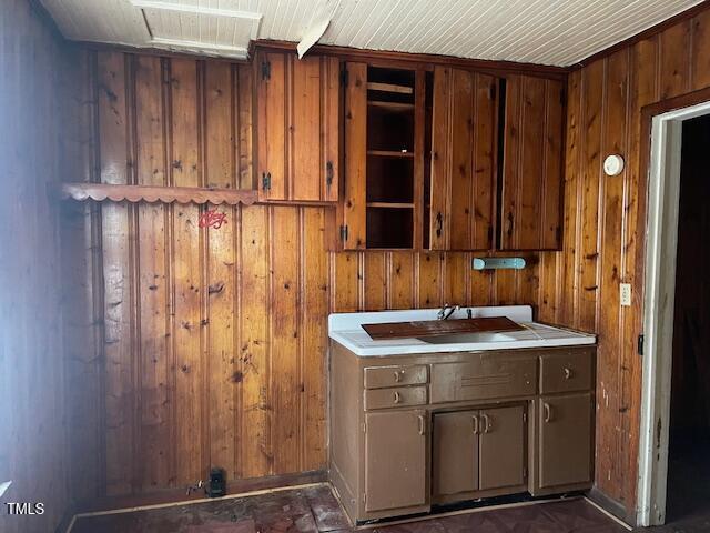 interior space featuring sink and wood walls