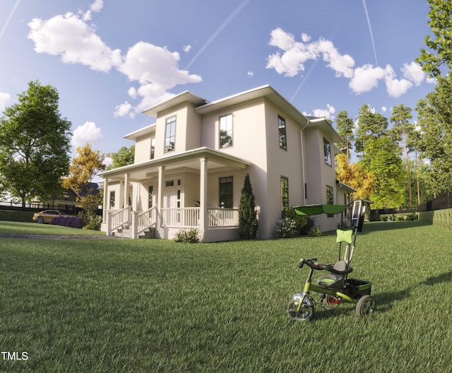 exterior space with a porch and a front yard