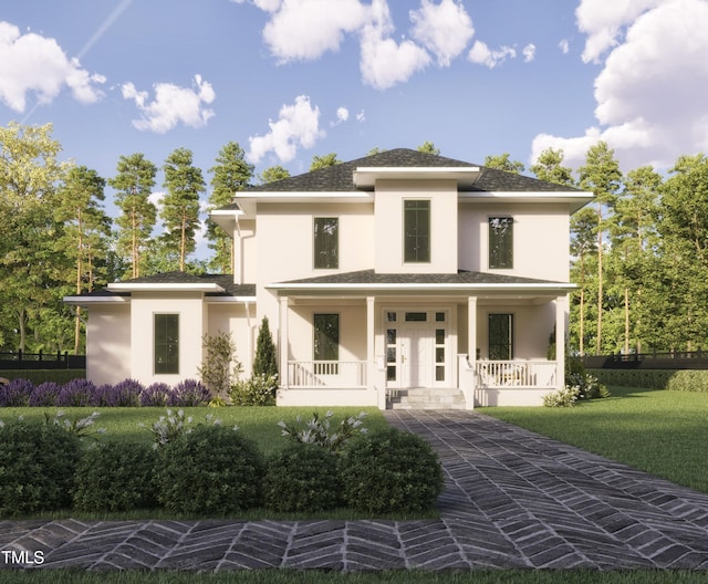 prairie-style home featuring covered porch and a front yard