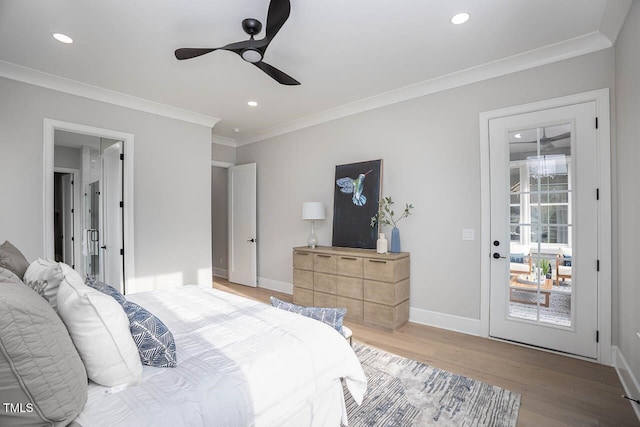 bedroom with ceiling fan, ornamental molding, hardwood / wood-style floors, and access to outside