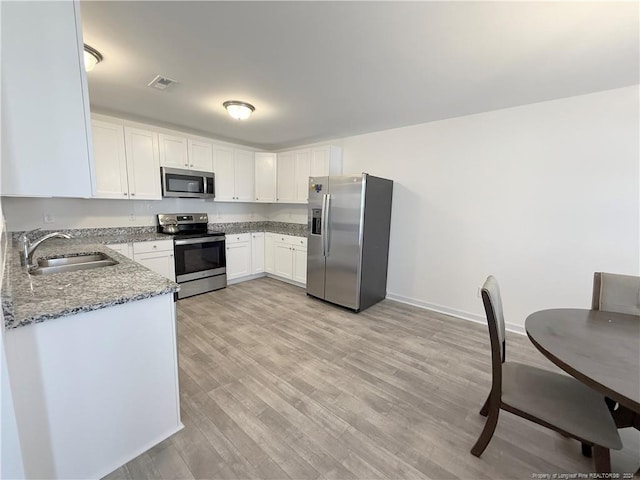 kitchen with stone counters, white cabinets, sink, light wood-type flooring, and stainless steel appliances