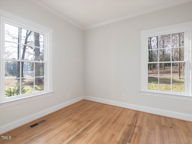 unfurnished room featuring ornamental molding, light wood-type flooring, and a healthy amount of sunlight