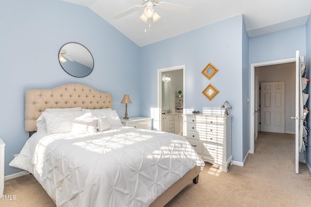 bedroom featuring ceiling fan, light colored carpet, and lofted ceiling