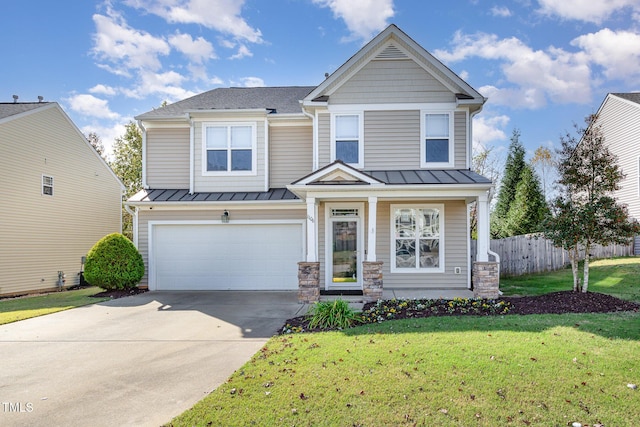 craftsman house with a garage and a front yard