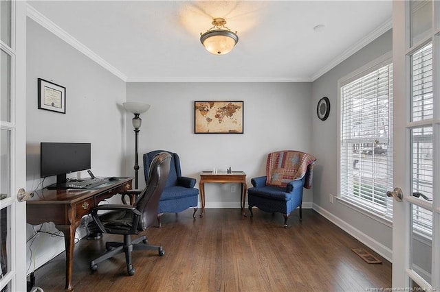 office area featuring dark hardwood / wood-style flooring, plenty of natural light, french doors, and ornamental molding