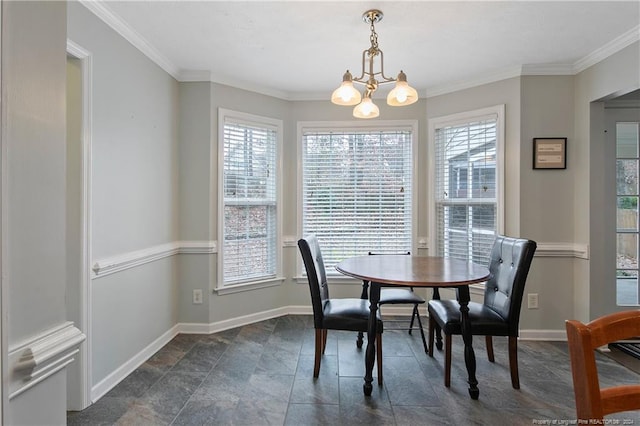 dining area featuring an inviting chandelier and ornamental molding