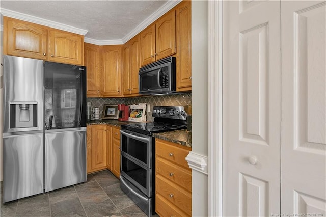 kitchen featuring backsplash, crown molding, dark stone countertops, a textured ceiling, and appliances with stainless steel finishes