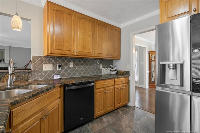 kitchen featuring ornamental molding, sink, decorative light fixtures, stainless steel fridge with ice dispenser, and black dishwasher