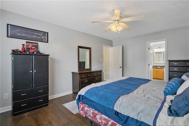 bedroom with connected bathroom, ceiling fan, and dark hardwood / wood-style floors