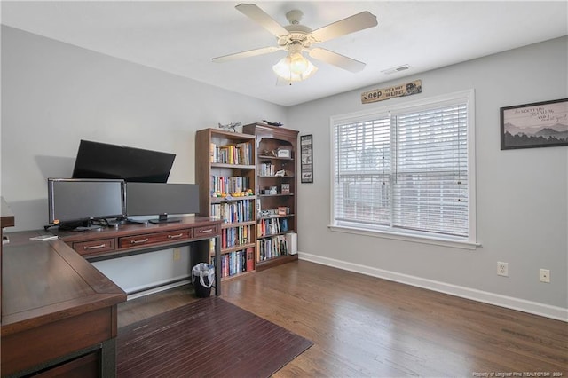 home office with dark hardwood / wood-style floors and ceiling fan