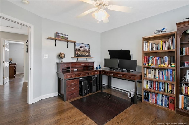 home office featuring ceiling fan and dark wood-type flooring