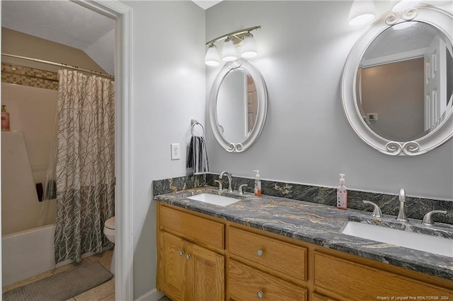 full bathroom featuring tile patterned flooring, lofted ceiling, toilet, shower / tub combo with curtain, and vanity