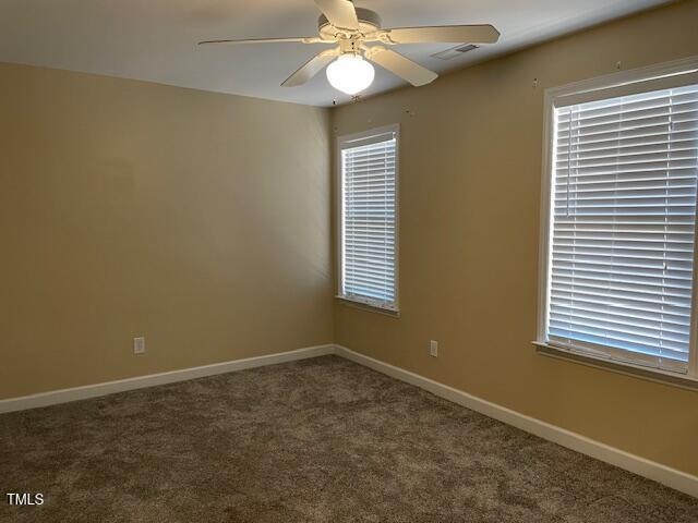 carpeted spare room with a wealth of natural light and ceiling fan