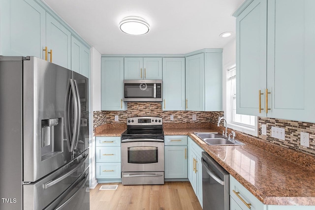 kitchen featuring sink, blue cabinets, light hardwood / wood-style floors, decorative backsplash, and appliances with stainless steel finishes