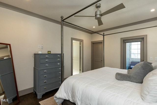 bedroom featuring ceiling fan and dark hardwood / wood-style floors